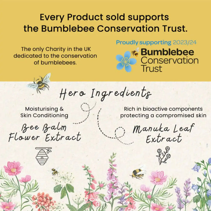 A promotional graphic for a skincare product, featuring a yellow top section with text supporting the Bumblebee Conservation Trust and a cream lower section labeled 'Hero Ingredients' with bee balm flower extract and manuka leaf extract, plus floral illustrations along the bottom.