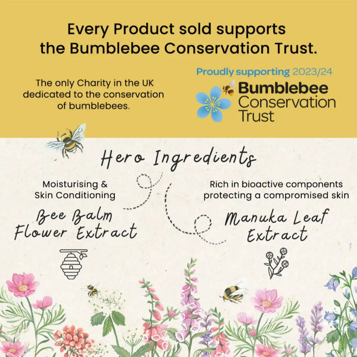 A promotional graphic for a skincare product featuring text about supporting the Bumblebee Conservation Trust, ingredient highlights including Bee Balm Flower Extract and Manuka Leaf Extract, and botanical illustrations on a cream background.