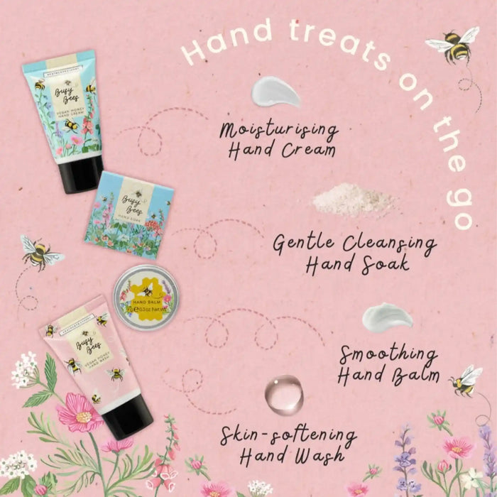 Hand care products including cream, soap, balm, and wash on a pink background with floral and bee designs.