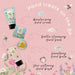 Hand care products including cream, soap, balm, and wash on a pink background with floral and bee designs.