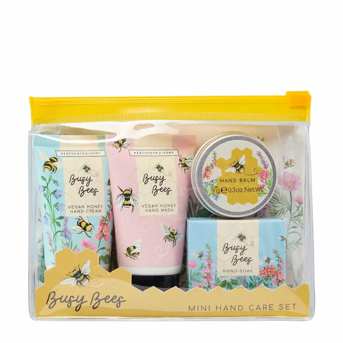 Mini hand care set with Busy Bees branding in a clear pouch with yellow lid.