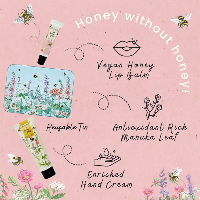 A pink promotional graphic showing multiple beauty products with illustrated bees and floral artwork. Visible items include a tube of lip balm, a reusable tin, and a hand cream tube, with text reading 'Honey without honey!' and product descriptors like 'Vegan Honey Lip Balm,' 'Reusable Tin,' 'Antioxidant Rich Manuka Leaf,' and 'Enriched Hand Cream.
