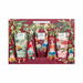 Heathcote & Ivory 'In the Garden' body care set in a decorative gift box, containing three tubes: orange blossom hand cream, garden rose foot cream, and sweet pea hand & body wash, decorated with gnome illustrations and holly motifs.