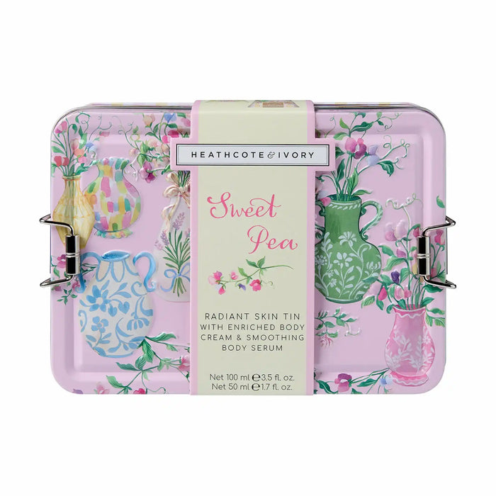 Healthcote & Ivory Sweet Pea skin care set in a decorative tin with floral design.