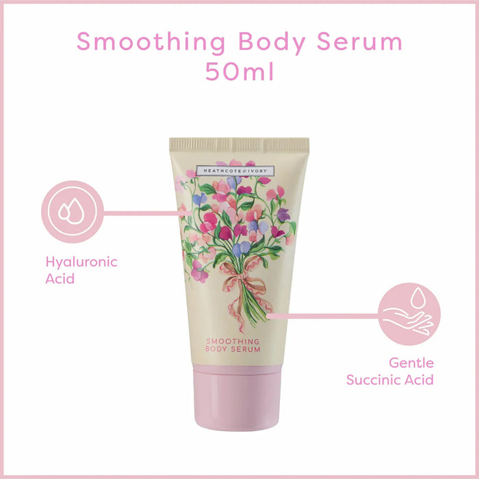 Smoothing body serum tube with floral design on a pink background