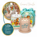 A decorative candle set with a beige candle in front, a matching lidded jar behind it, and a turquoise gift box with a horse illustration. The packaging and labels feature a horse, floral motifs, and the text 'How Lucky Are We' and 'Caramel Vanilla.