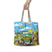 A tote bag with a colorful cartoon-style graphic print being held by a hand. The print features a stadium scene with a green drink can labeled 'MORE DRINKS', a yellow bird mascot, and the word 'MARVELOUS'.