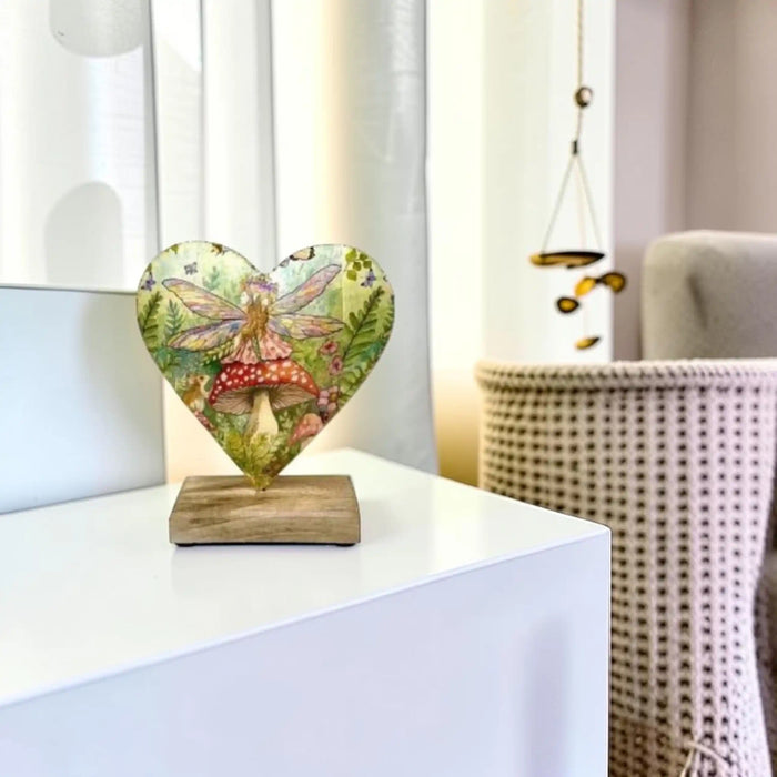 Fairy Woodland Heart Ornament on Wooden Base – 15cm