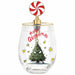 A clear stemless wine glass with a gold rim and a candy cane-shaped lid. The glass features a printed design of a grumpy Christmas tree with the text 'Merry Grinchmas!' in red, surrounded by yellow stars.