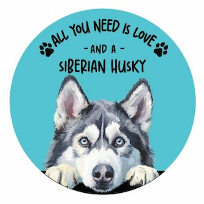 A circular coaster featuring a painted Siberian husky dog with the text 'ALL YOU NEED IS LOVE - AND A - SIBERIAN HUSKY' in black lettering on a bright turquoise background.