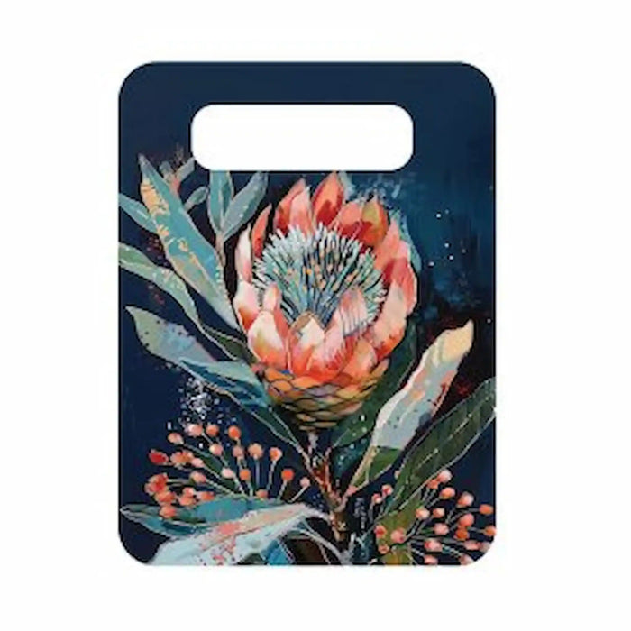 Great Southern Lands ceramic server featuring vibrant coral protea and Australian native foliage on a navy blue background