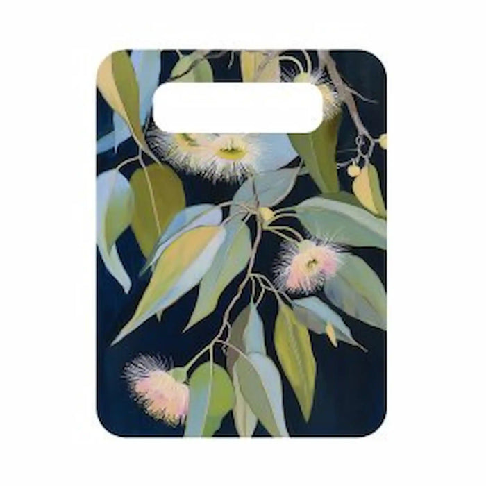 Great Southern Lands ceramic server with pink eucalyptus blossoms and green gum leaves against a dark navy background
