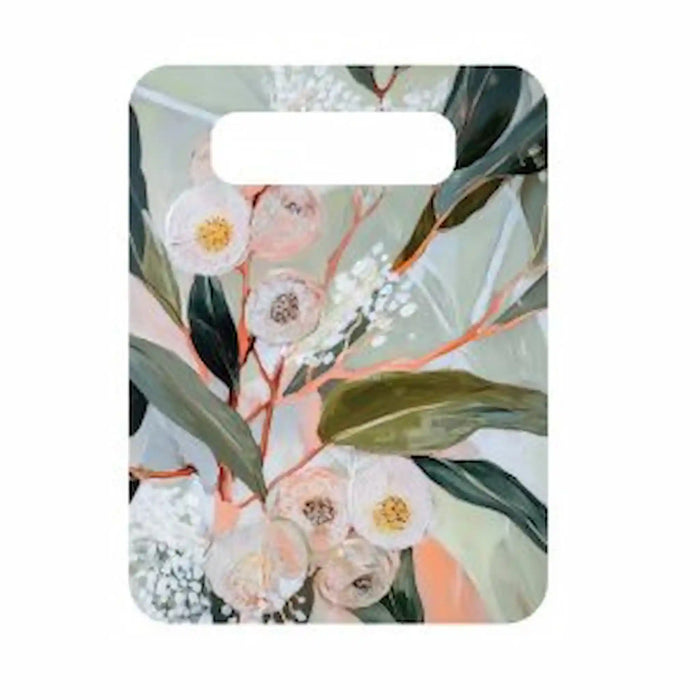 Australian native floral ceramic server featuring delicate pale pink eucalyptus blossoms and soft green leaves