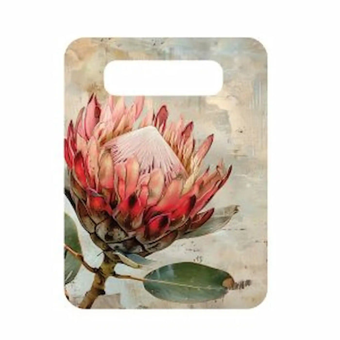 Great Southern Lands ceramic server featuring a large pink king protea flower and green foliage on a vintage beige background