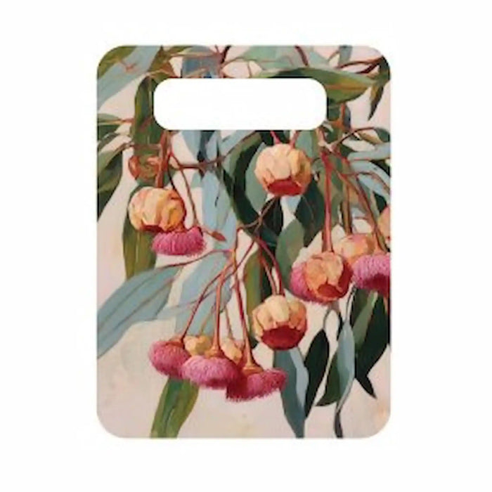 Great Southern Lands ceramic server decorated with hanging red and cream flowering gum blossoms and eucalyptus leaves