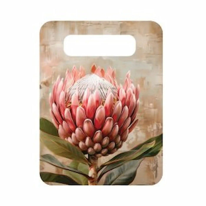 Great Southern Lands ceramic server featuring a rounded pink protea flower with green leaves on a textured beige background
