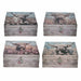 Set of four decorative storage boxes with a rustic weathered wood finish, featuring a Highland cow illustration on the lid and a small floral clasp on the front, shown against a plain white background.