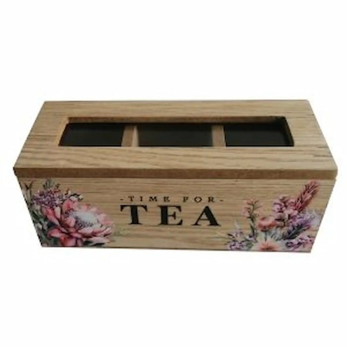 A rectangular wooden tea box with three  compartments and glass lid on top, decorated with pink and purple floral illustrations and the words 'TIME FOR TEA' on the front, shown against a plain white background.