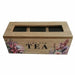 A rectangular wooden tea box with three  compartments and glass lid on top, decorated with pink and purple floral illustrations and the words 'TIME FOR TEA' on the front, shown against a plain white background.