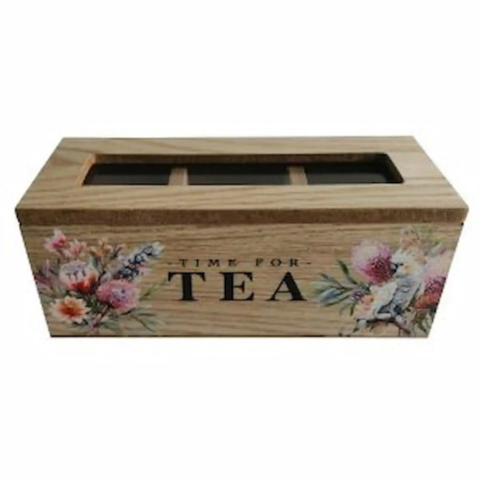 A rectangular wooden box with a slotted top and glass lid, decorated with floral illustrations and the words 'TIME FOR TEA' on the front, shown against a plain white background.