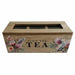 A rectangular wooden box with a slotted top and glass lid, decorated with floral illustrations and the words 'TIME FOR TEA' on the front, shown against a plain white background.