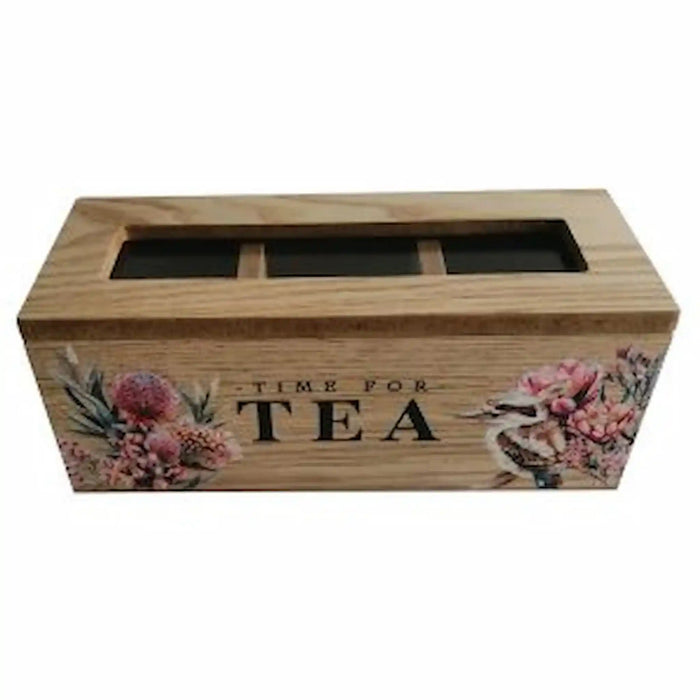 A rectangular wooden tea box with a slotted top and glass lid, decorated with floral illustrations and the words 'TIME FOR TEA' on the front, shown against a plain white background.
