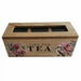 A rectangular wooden tea box with a slotted top and glass lid, decorated with floral illustrations and the words 'TIME FOR TEA' on the front, shown against a plain white background.