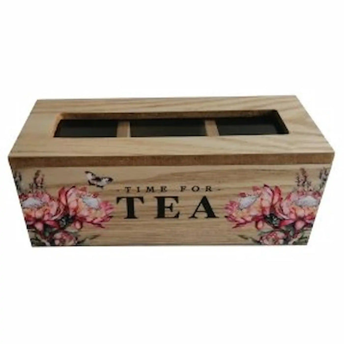 A rectangular wooden tea box with a slotted top and glass lid, featuring a floral design on the sides and the words 'TIME FOR TEA' printed on the front.