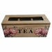 A rectangular wooden tea box with a slotted top and glass lid, featuring a floral design on the sides and the words 'TIME FOR TEA' printed on the front.