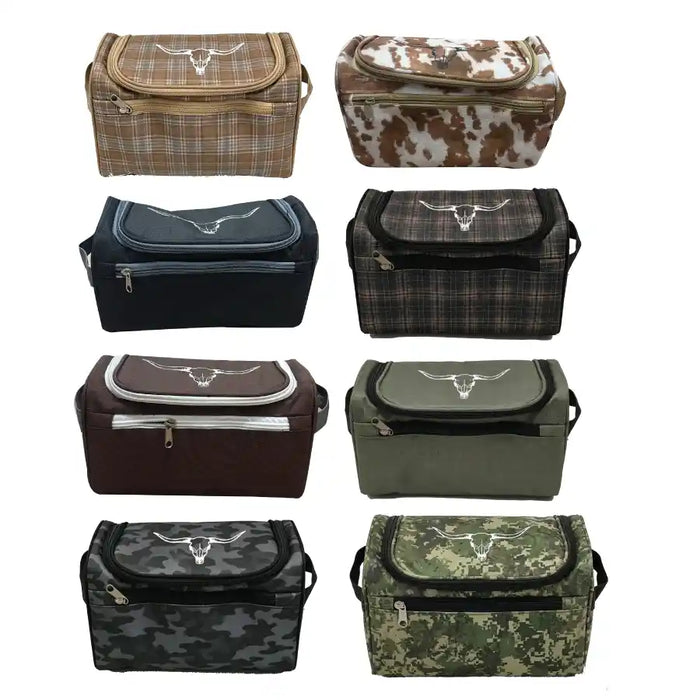 Eight insulated cooler bags shown in a 2x4 grid on a white background, each in a different camouflage or pattern style including plaid, cow print, navy, brown, olive green, and camouflage. Each bag has a front zip pocket with a silver bull skull logo.