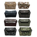 Eight insulated cooler bags shown in a 2x4 grid on a white background, each in a different camouflage or pattern style including plaid, cow print, navy, brown, olive green, and camouflage. Each bag has a front zip pocket with a silver bull skull logo.