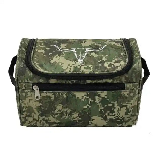 A digital camouflage cooler bag with a green and tan pattern, featuring a white longhorn steer logo on the front flap and a front zippered pocket.