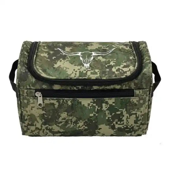 A digital camouflage cooler bag with a green and tan pattern, featuring a white longhorn steer logo on the front flap and a front zippered pocket.
