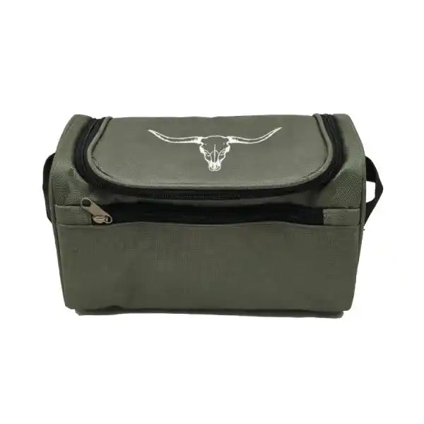 An olive green canvas zippered pouch featuring a white longhorn steer skull logo on the front flap, set against a plain white background.