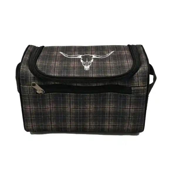 A rectangular zippered cooler bag with a black and brown plaid pattern, featuring a silver longhorn steer logo on the front flap.