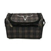 A rectangular zippered cooler bag with a black and brown plaid pattern, featuring a silver longhorn steer logo on the front flap.