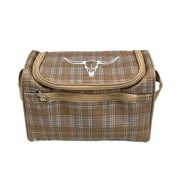 A brown and beige plaid zippered toiletry bag with a white longhorn steer logo on the front, set against a plain white background.