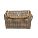 A brown and beige plaid zippered toiletry bag with a white longhorn steer logo on the front, set against a plain white background.