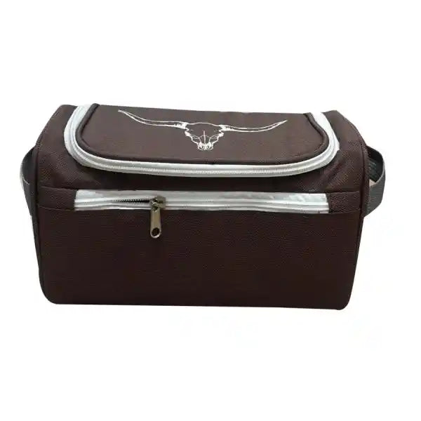 A dark brown textured bag with a silver zipper and a white longhorn logo on the front flap, shown against a plain white background.