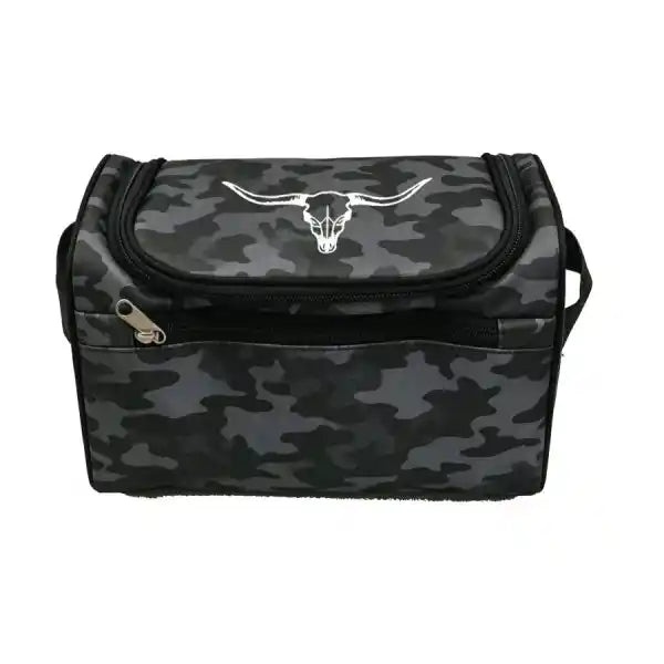 A rectangular zippered cooler bag with a dark gray and black camouflage pattern, featuring a white longhorn steer skull logo on the front flap and a silver zipper pull.