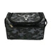 A rectangular zippered cooler bag with a dark gray and black camouflage pattern, featuring a white longhorn steer skull logo on the front flap and a silver zipper pull.