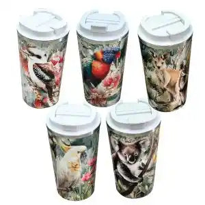 Five reusable travel mugs with white lids, each printed with a different animal illustration including a kookaburra, cockatoo, parrot, fox, and koala, shown on a plain white background.
