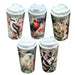 Five reusable travel mugs with white lids, each printed with a different animal illustration including a kookaburra, cockatoo, parrot, fox, and koala, shown on a plain white background.