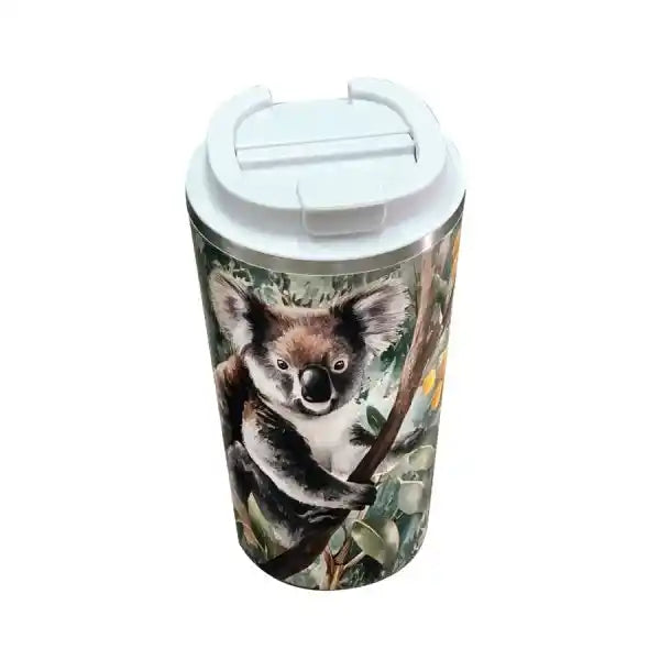 A stainless steel travel tumbler with a white lid, featuring a printed illustration of a koala on a tree branch.