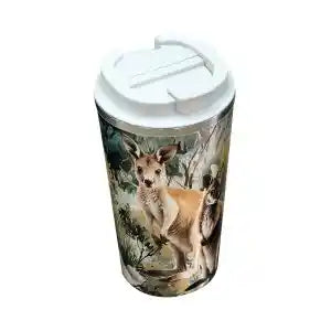 A white plastic travel tumbler with a lid, featuring a printed camouflage-style background and a kangaroo illustration on the front.