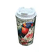 A reusable travel tumbler with a white lid, featuring a colorful print of a rainbow lorikeet and tropical flowers on a light background.