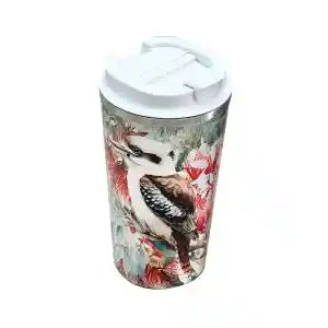 A stainless steel travel tumbler with a white lid, decorated with a kookaburra bird and red flowers on a light background.