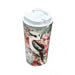A stainless steel travel tumbler with a white lid, decorated with a kookaburra bird and red flowers on a light background.