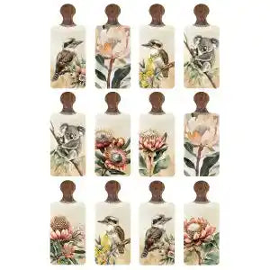 Twelve small decorative bottles arranged in a 3-by-4 grid on a white background. Each bottle has a cream-colored body with vintage-style illustrations of birds, flowers, and leaves, and a dark brown stopper.