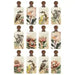 Twelve small decorative bottles arranged in a 3-by-4 grid on a white background. Each bottle has a cream-colored body with vintage-style illustrations of birds, flowers, and leaves, and a dark brown stopper.